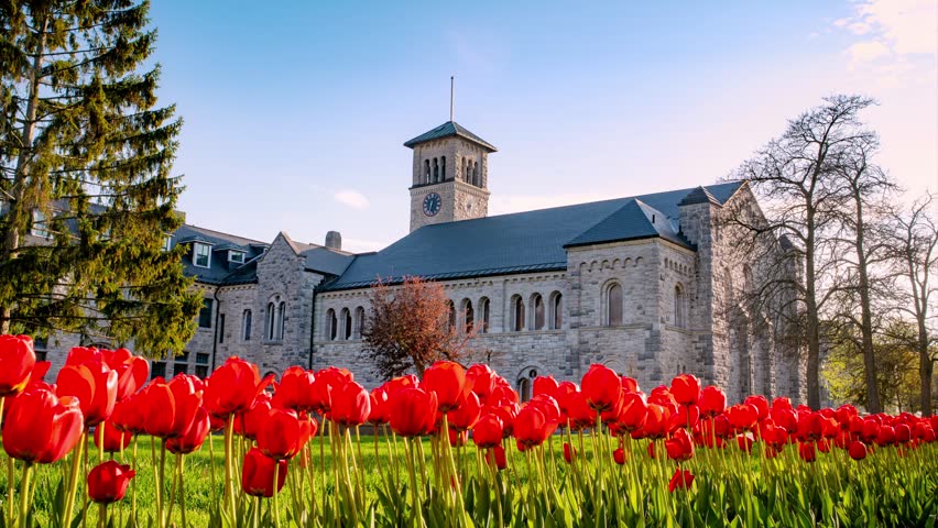 Spring timelapse of Queen’s University campus with blooming tulips in Kingston Ontario