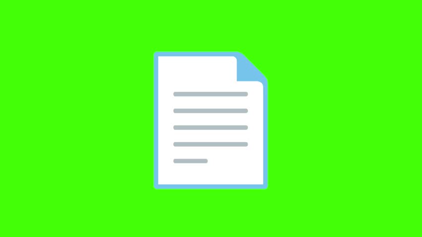 A simple flat design icon of a document with lines of text, set against a vibrant green screen background. Suitable for motion graphics and video editing.
