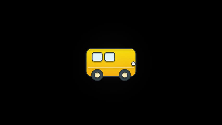 A minimalist animation of a yellow school bus icon, presented against a stark black background. The bus is depicted in a side view with two windows and wheels.