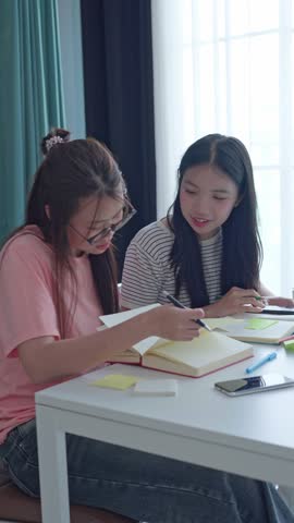 Two Asian girls doing homework together in living room.