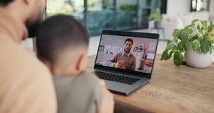 Child, parent and teacher on computer screen for home education or online learning advice. Video call, family and remote support from educator with man and kid for communication, chat or connection - Powered by Shutterstock - Get 15% off with code: PIKWIZARD15