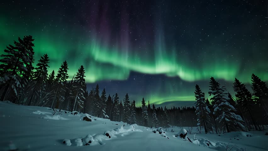A stunning winter night view with the Aurora Borealis (Northern Lights) dazzling in the sky. A curtain of bright green light with touches of reddish purple dances among a blanket of sparkling stars.