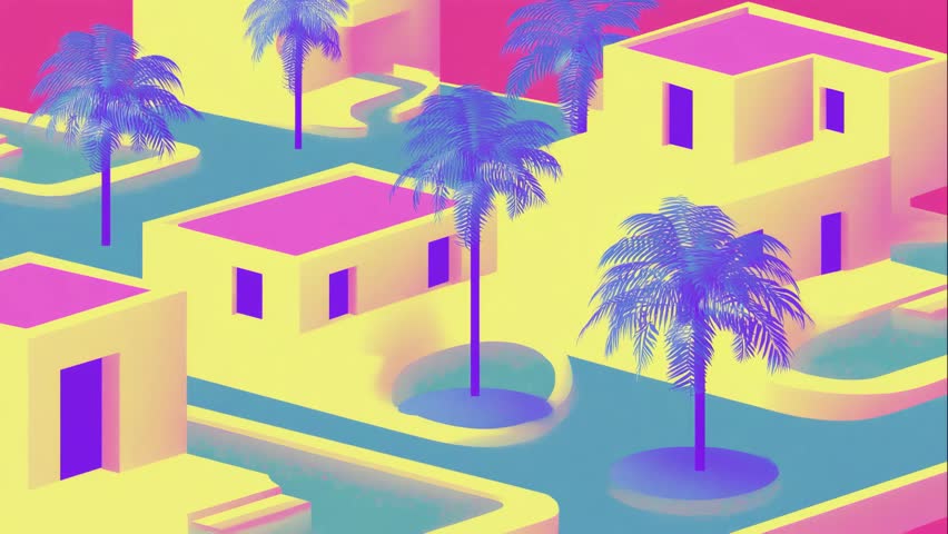 Clean vector-style illustration shows modern villas with flat roofs arranged around bright blue swimming pools, rendered in white with black outlines and solid shadow areas against a light neutral background; black silhouette palm trees frame the structures and small red lounge chairs provide accent color, while crisp linework and minimal shading create an orderly balanced composition with strong black-and-white contrast, seamless loop for video background.