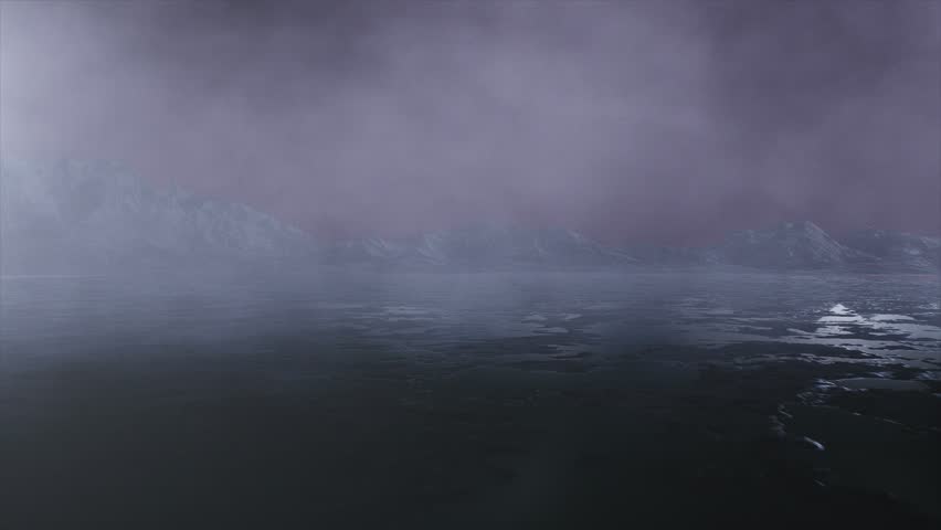 Flying Over Rocky Lake Loop Animation. Cinematic Misty Rocky River Background Animation. Foggy Lake Flyover Motion. Misty Rocky Lake Journey. Loop Animation