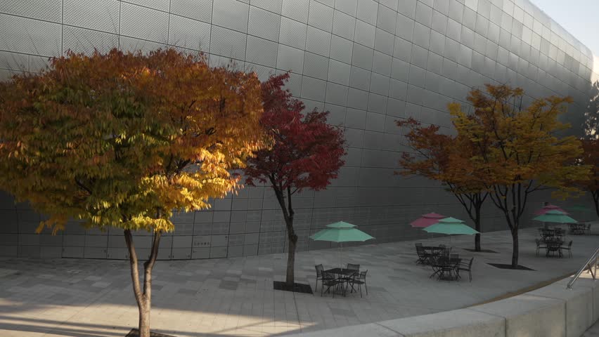 View of Dongdaemun Design Plaza (DDP) on a sunny day in autumn, Seoul, South Korea, Asia