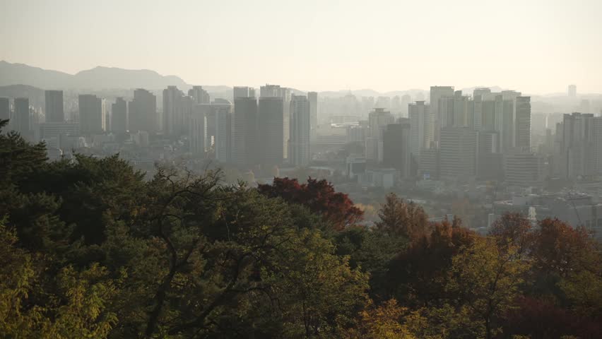 View of Seoul skyline from N Seoul Tower during golden hour in autumn, Yongsan District, Seoul, South Korea, Asia