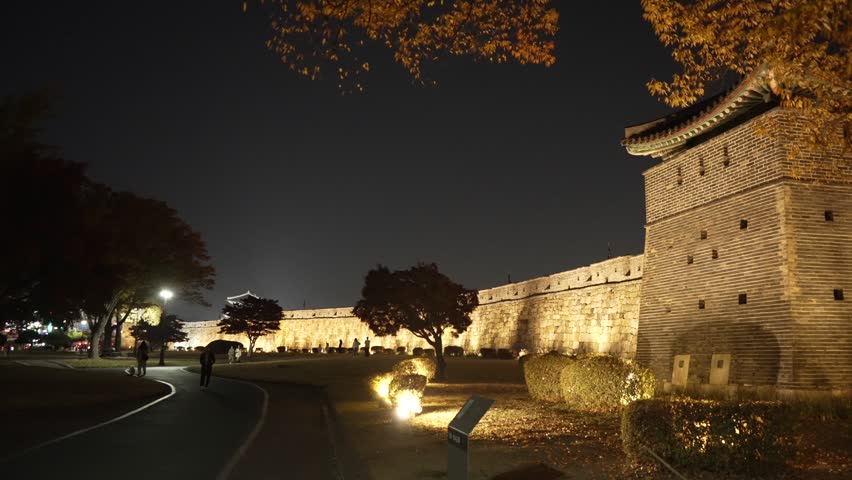 View of Bukseoporu (Northwestern Artillery Bastion) illuminated at dusk in autumn, Hwaseo-dong, Paldal-gu, Suwon, Gyeonggi-do, South Korea, Asia