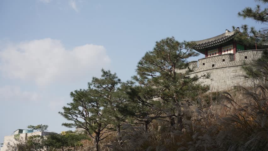 View of Dongnamgangnu castle on a sunny day, Jeongjo-ro, Paldal-gu, Suwon-si, Gyeonggi-do, South Korea, Asia