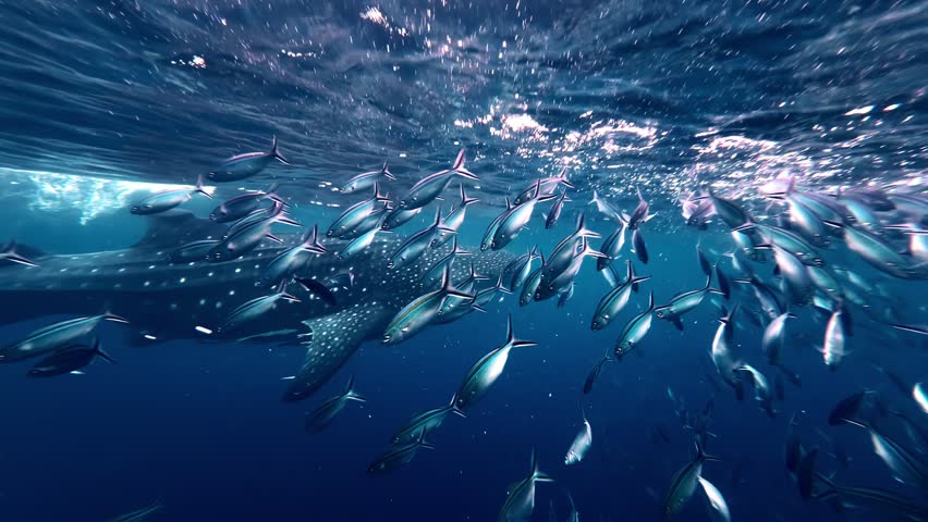 A whale shark glides through the deep blue waters of Sogod Bay, accompanied by a school of fish. Ideal for marine life documentaries or oceanic exploration themes.