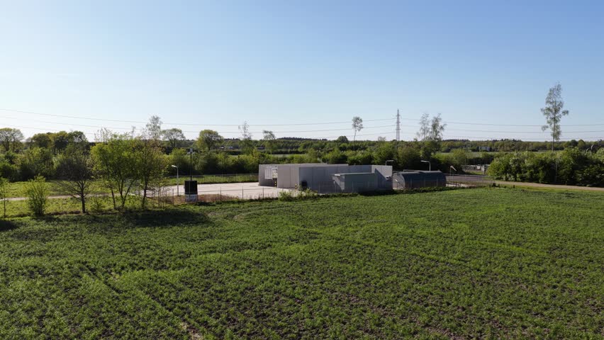 Aerial drone view of a hydrogen unloading station in Hoogeveen supplying homes as part of the Dutch transition from natural gas to clean energy.