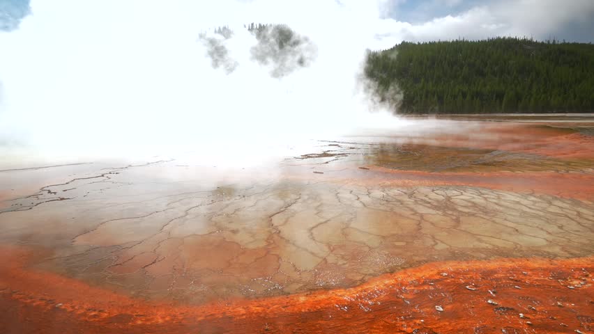 Grand Prismatic Spring lookout Midway Boardwalk hiking trail Mid Geyser Basin Wyoming USA Yellowstone National Park nature landscape Opal Pool Morning Glory sunny morning blue sky pan left motion