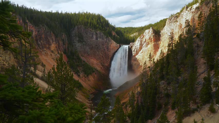 Inspiration Point Grand Canyon of the Yellowstone cascading waterfalls Red Rock Point Lookout Point Yellowstone National Park Wyoming USA nature landscape sunny morning Brink of Lower Falls zoom in