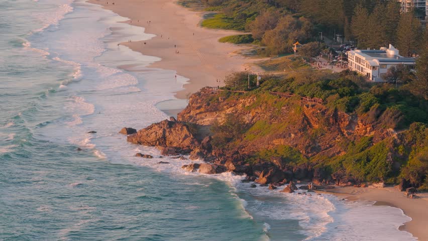 Waves Splashing At North Burleigh Hill In Gold Coast, Queensland, Australia - Drone Shot
