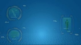Empty blue plane starting glow wire cube tracing out scaling rotating code scrolling for analysis. Holographic, interface, dataviz, futuristic, dashboard, analytics, neon - Powered by Shutterstock - Get 15% off with code: PIKWIZARD15