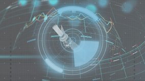 Telemetry ping initiating holographic satellite rotating in circular HUD, updating charts and bars. Radar, hologram, interface, dashboard, timeseries, data, visualization - Powered by Shutterstock - Get 15% off with code: PIKWIZARD15