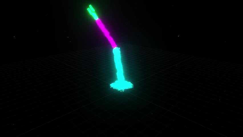 Colorful neon rocket launching from a digital grid, abstract CGI animation of space exploration.