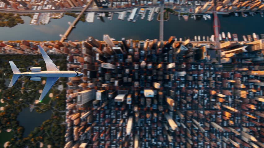 Sophisticated Private Plane Gliding Past Towering Skyscrapers During Golden Evening Sunset