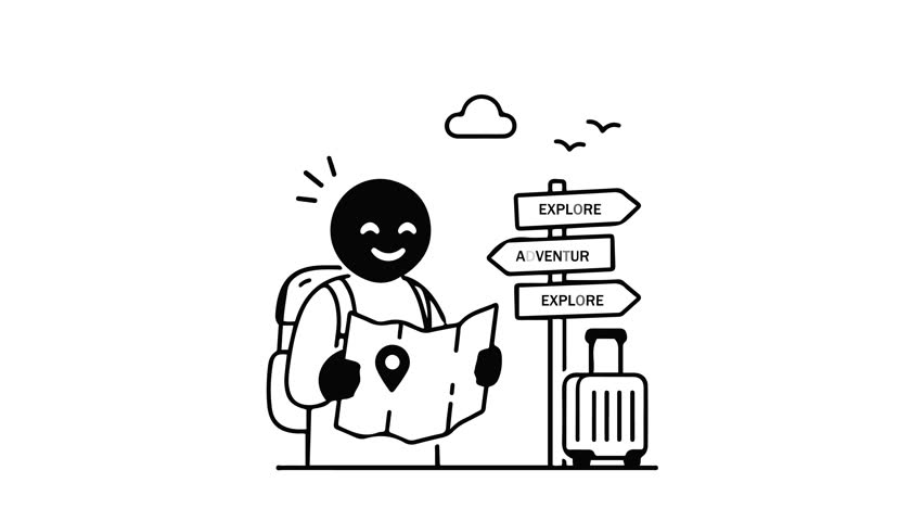 Animated character holding map next to suitcase and travel signpost. Simple line art motion graphic for vacation planning, global tourism, and navigation concept.