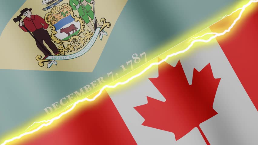 Two waving flags USA State of Delaware and Canada with diagonal lightning seamless, 4k loop