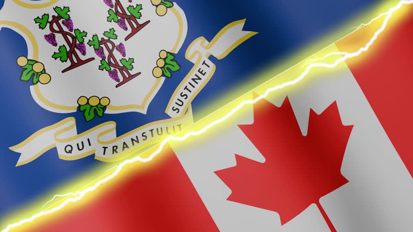 Two waving flags USA State of Connecticut and Canada with diagonal lightning seamless, 4k loop