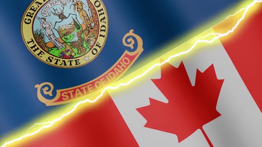 Two waving flags USA State of Idaho and Canada with diagonal lightning seamless, 4k loop