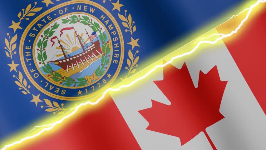 Two waving flags USA State of New Hampshire and Canada with diagonal lightning seamless, 4k loop