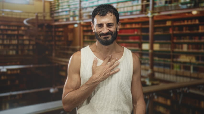 Man hand on chest touching in library, bearded middle aged wearing tanktop near bookshelf and spiral staircase, smiling with palm over chest; gratitude reflection.