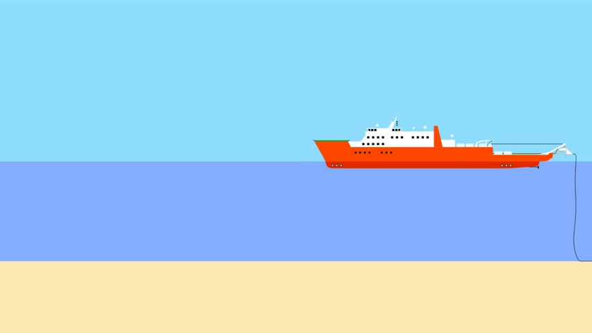 Installation of submarine communication cables. Burying cables on the seabed with a plow. Launching and recovering the plow. Animations for presentations and education.