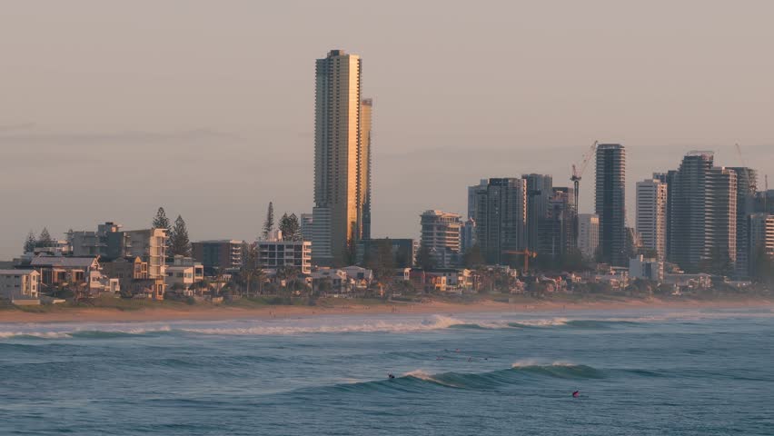 Surfers Paradise Skyline And Seascape At Sunset In Gold Coast, Queensland, Australia - Drone Shot