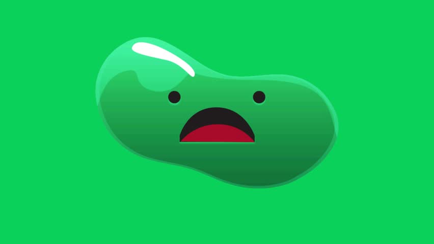 A green jelly bean character with a surprised expression is shown in a three-frame animation sequence against a green background.