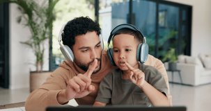 kid, father and laptop in home for counting, numbers and math with online learning. Teaching, headphones and family or man helping child with homework, homeschool and remote education for development - Powered by Shutterstock - Get 15% off with code: PIKWIZARD15