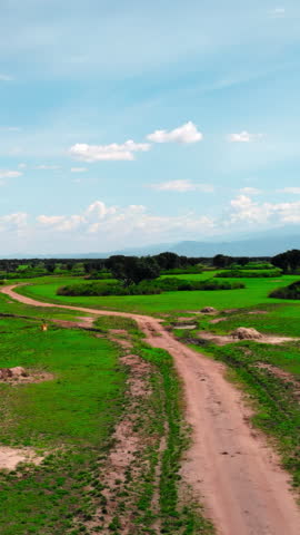 Embarking On Solitary Dirt Route Through Lush Fields Beneath Endless Blue Sky And Drifting Clouds. Media