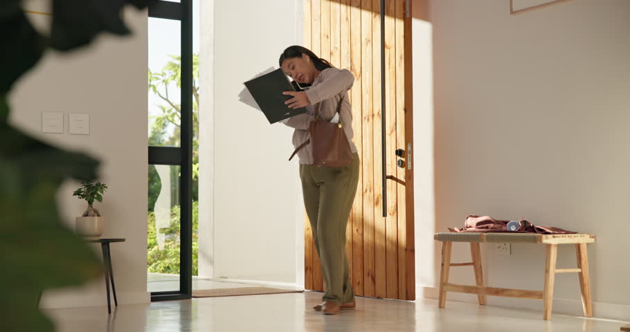 Phone call, woman and late with children in home for meeting, back to school and rush to leave. Documents, mobile chat and employee hurry with kids at front door for appointment, class and timelapse