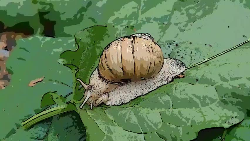 A snail crawling on a green leaf in cartoon style