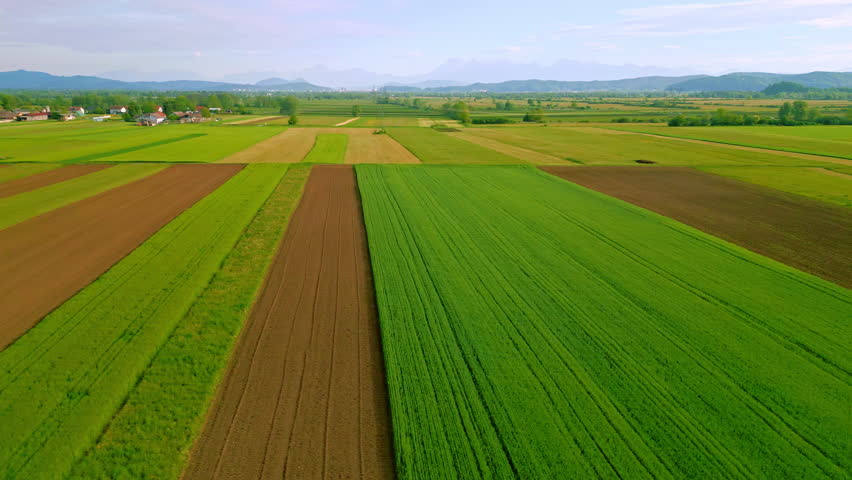 From an aerial view, the vast landscape unfolds with vibrant green fields, bordered by distant mountains and scattered forests showing the tranquility of rural nature.