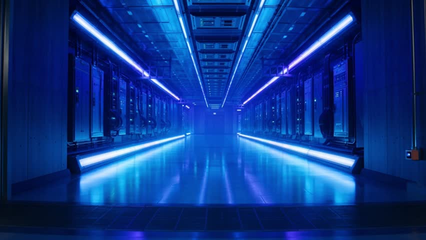 Large blue illuminated server room with rows of computer equipment and reflective floor