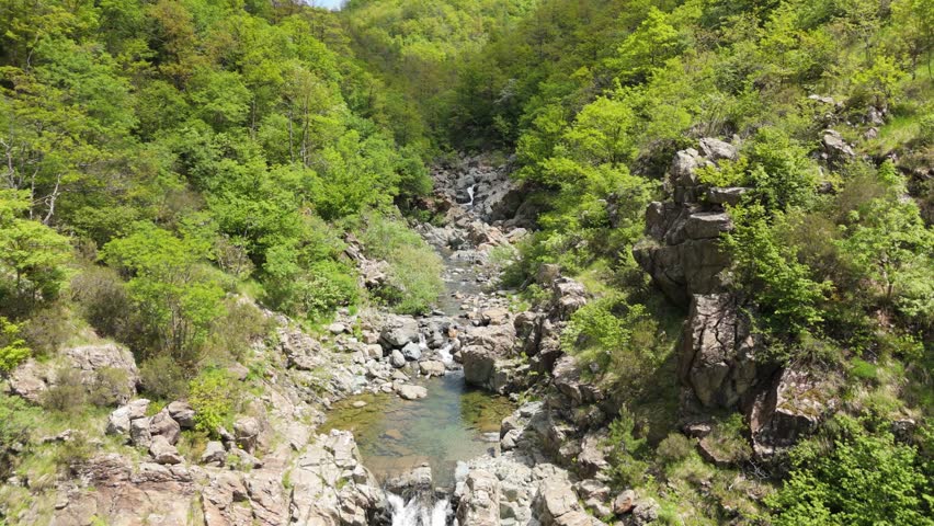 The Stura stream, with waterfalls, on the border of the Capanne di Marcarolo Natural Park, in Genoa, Liguria, Italy