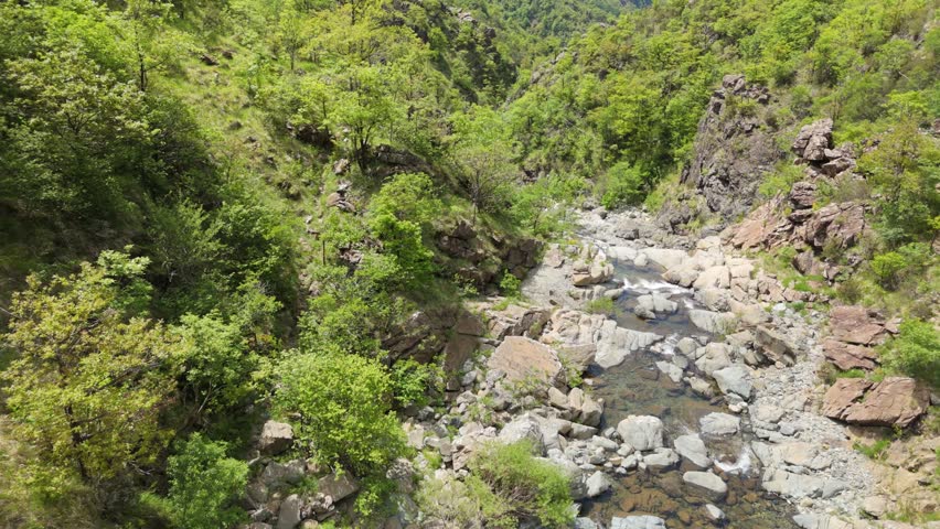 Aerial view of a country stream in spring, flowing between two hills covered with green trees