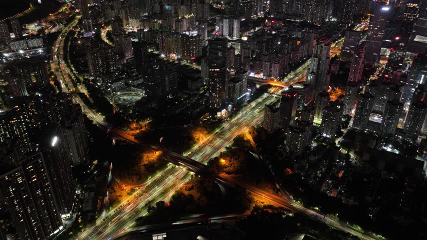 Aerial footage of night traffic landscape in shenzhen city, China . Time lapse	