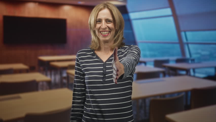 Woman smiling in striped shirt extends outstretched hand for handshake across classroom inside building; greeting welcome friendly.