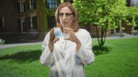 Blonde woman doctor in a white labcoat holds a clear container of blue ear swabs between fingers and grimaces while inspecting a swab in front of a building; safety concern. - Powered by Shutterstock - Get 15% off with code: PIKWIZARD15