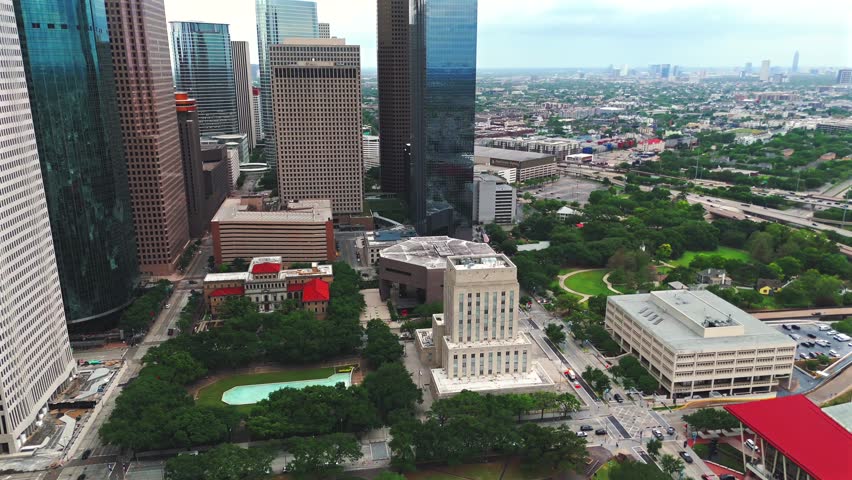 Houston Texas downtown aerial view between modern skyscrapers and city streets