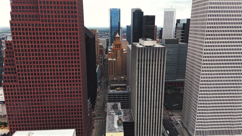 Houston Texas downtown aerial flythrough between skyscrapers