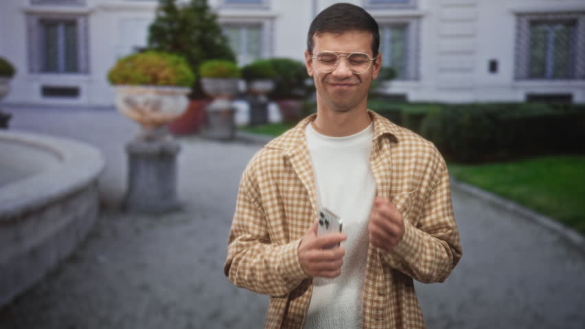 Man holding smartphone and checking screen with a satisfied smile in front of building courtyard; contentment.
