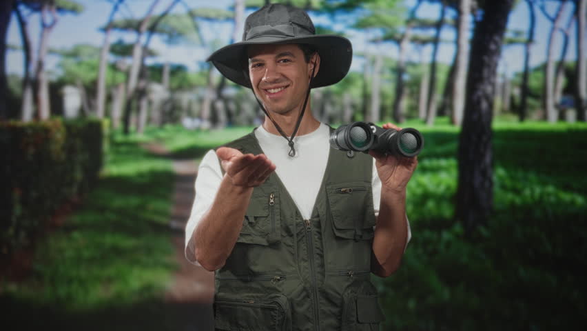 Man in explorer hat and vest holds binoculars and gestures with open palm in a forest path; curiosity discovery.