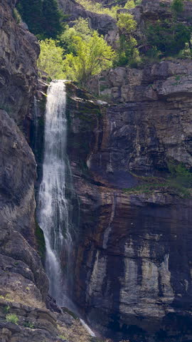 Zoomed in view of the upper part of Bridal Veil Falls in Provo Canyon, Utah.