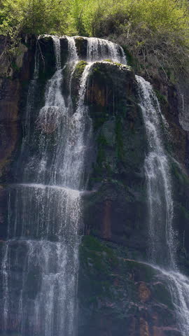 Zoomed in view of Bridal Veil Falls in Provo Canyon looking at the top of the middle section in Utah.