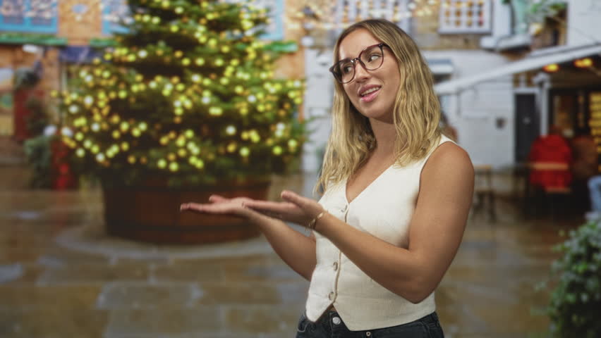 Woman presenting hands palm up toward a decorated christmas tree on a street, smiling and pointing thumb upward beside a market stall; holiday joy.