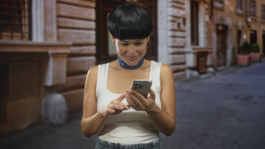 Young chinese woman tapping smartphone with fingers while smiling on a narrow cobblestone street, wearing white tank top, neck scarf and hoop earring; joy connection.