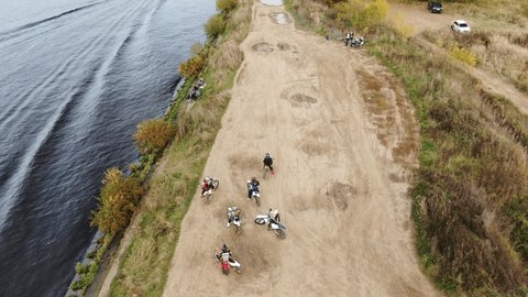 Drone Orbiting Bikers on Lakeside Trails Mytishchi